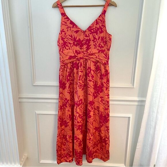 Maggie London Ruched Tiered Skirt Maxi Dress Size 12 Petite in Coral and Pink - Picture 8 of 10